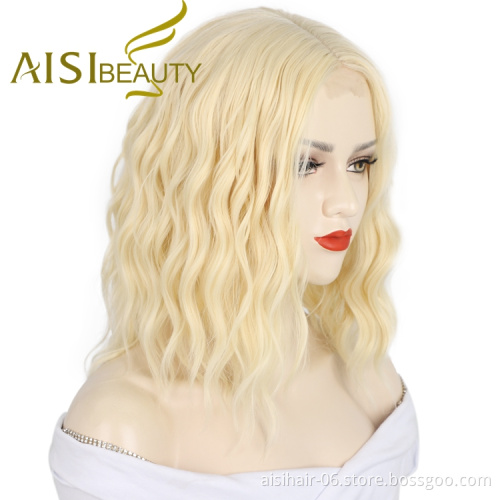Aisi Beauty Silky Cheap Afro Body Wave Naturel Blonde Machine Made U Part Bob Cut For Women Short Wigs Synthetic Lace Front